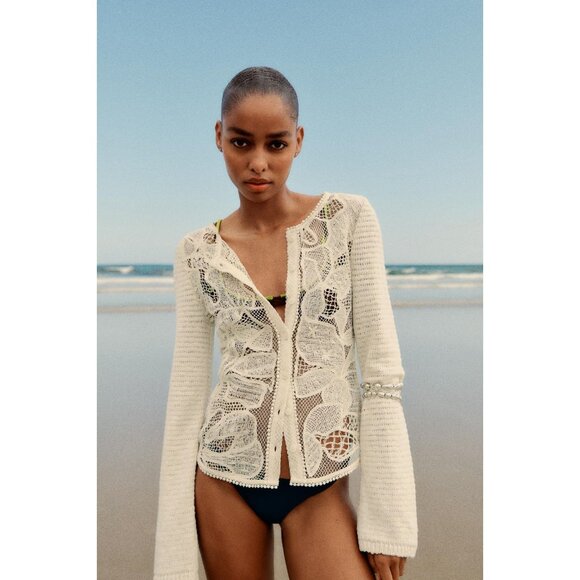 ZARA Ecru Ivory Contrast Cotton Blend Lace Knit Cardigan Sweater, Size XL - Picture 14 of 16